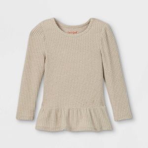 2T Cat & Jack Toddler Girls’ Waffle Long Sleeve Shirt–Oatmeal Heather